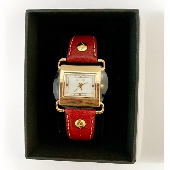Ecclissi Women Quarts Analog Gold Tone Red Leather Band Watch New In Box - Picture 8 of 8